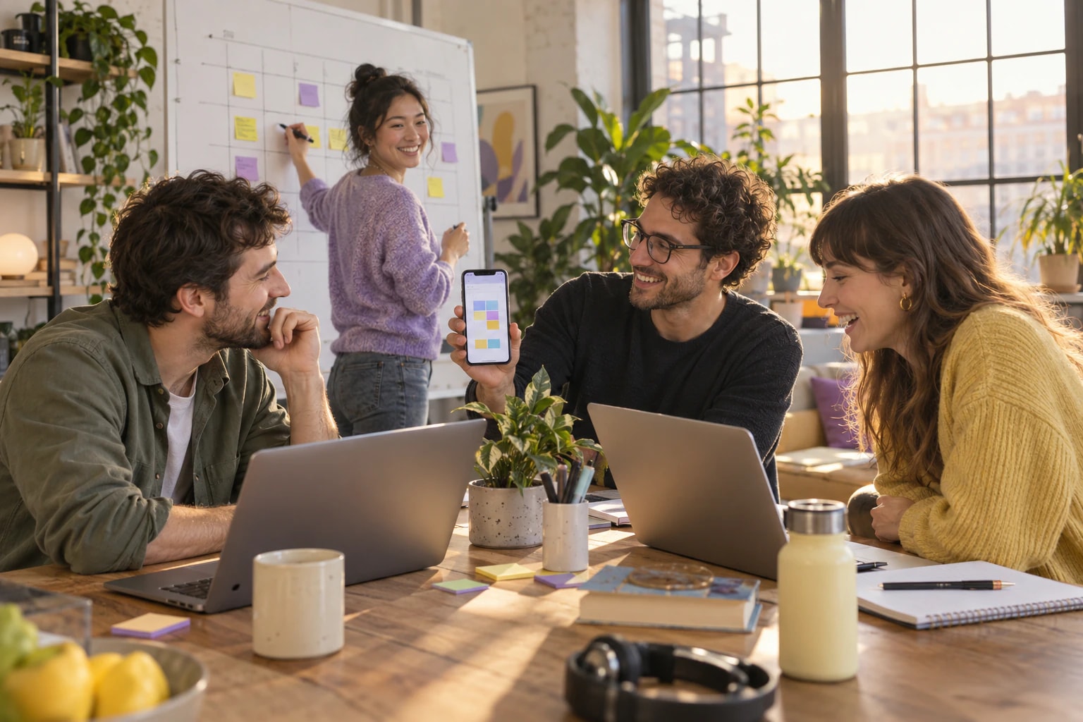 A small team laughing around a table with laptops while one of them shows a schedule on a phone and another sketches a calendar on a whiteboard