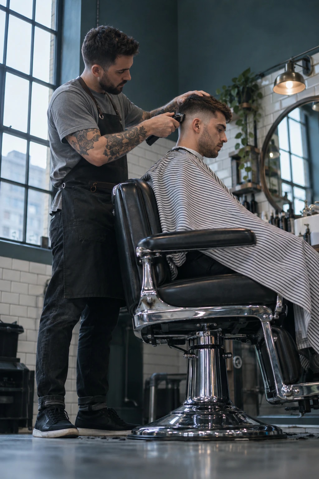 A barber with tattooed forearms shaping a skin fade with clippers, seen from below the chair
