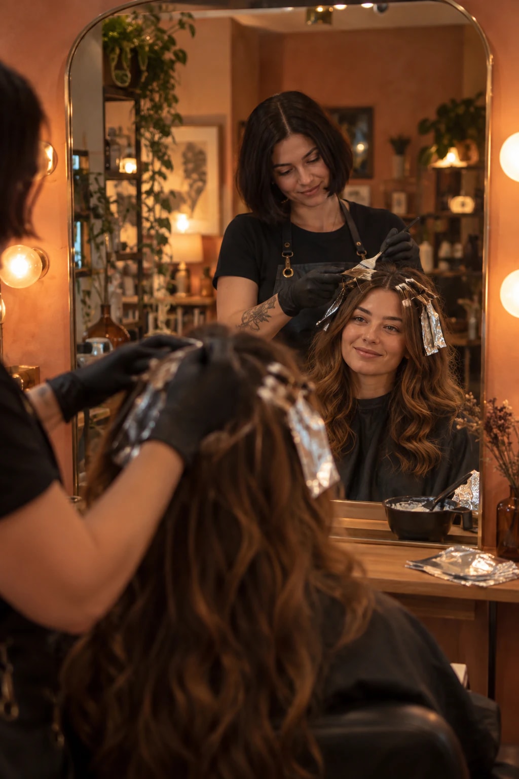 A colourist painting balayage onto a smiling client’s long wavy hair, seen in the salon mirror