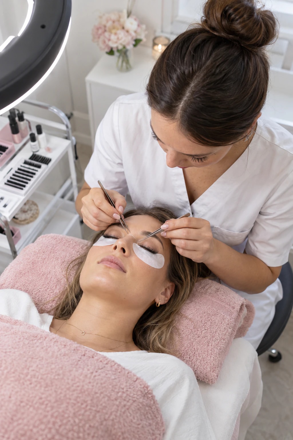 A lash artist leaning over a client on a treatment bed, placing lash extensions with fine tweezers