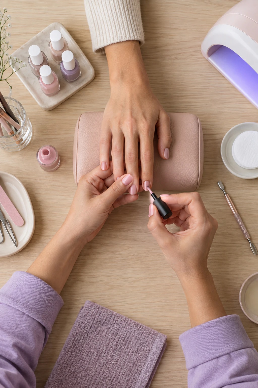 Overhead view of a nail technician painting soft pink gel polish onto a client’s nails