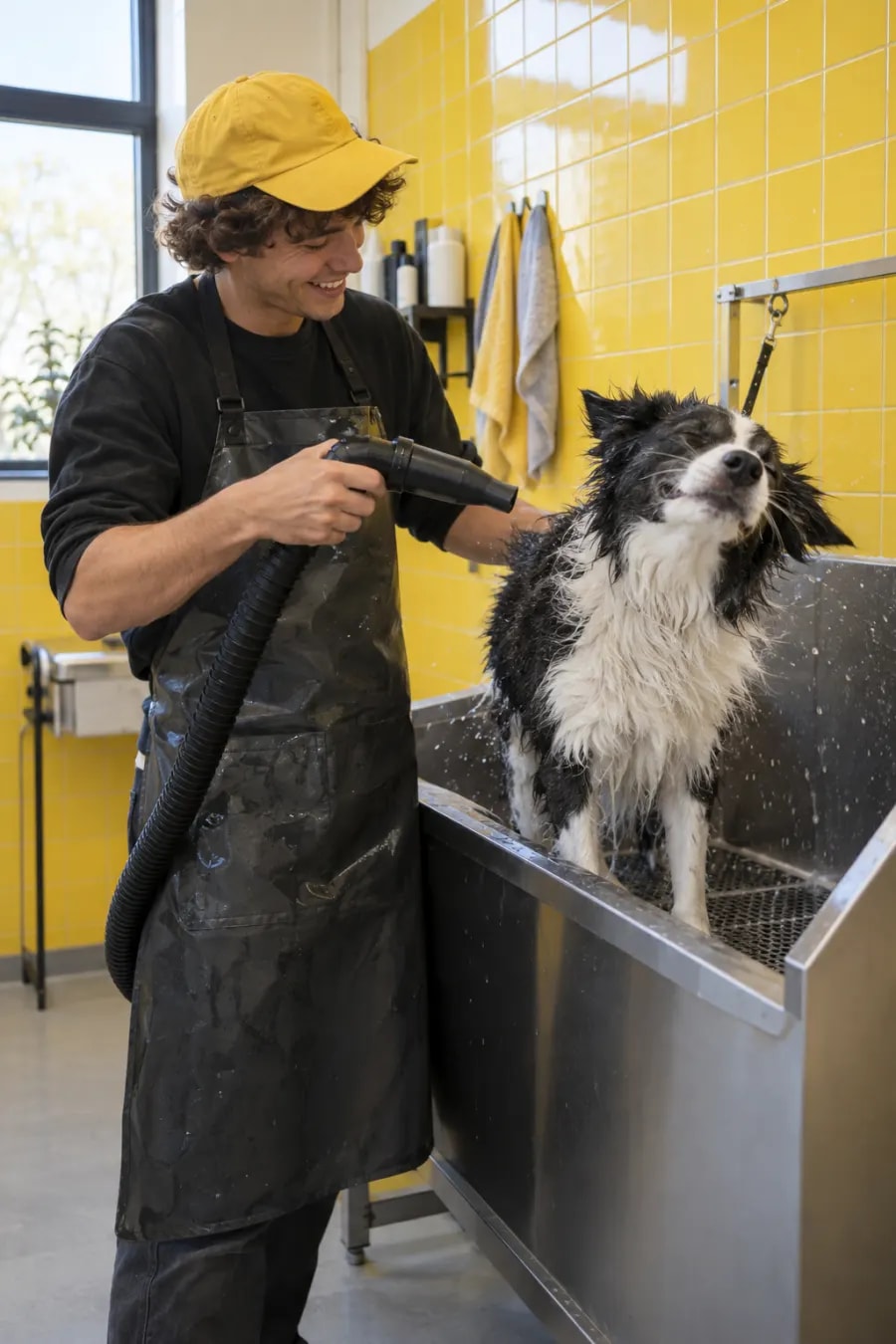 A groomer blow-drying a wet border collie in a grooming tub