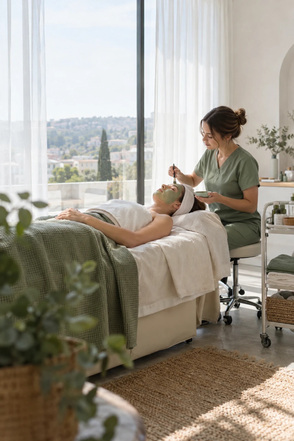 A cosmetologist brushing a green clay mask onto a client’s face beside a bright window
