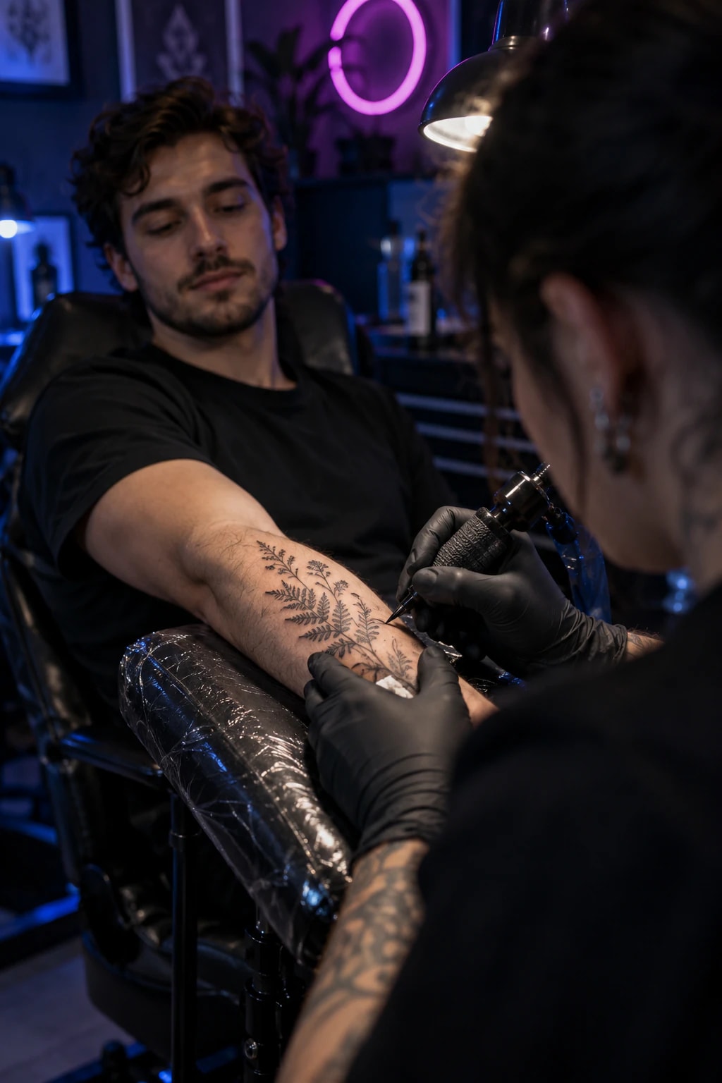 A tattoo artist inking a fine-line fern on a client’s forearm
